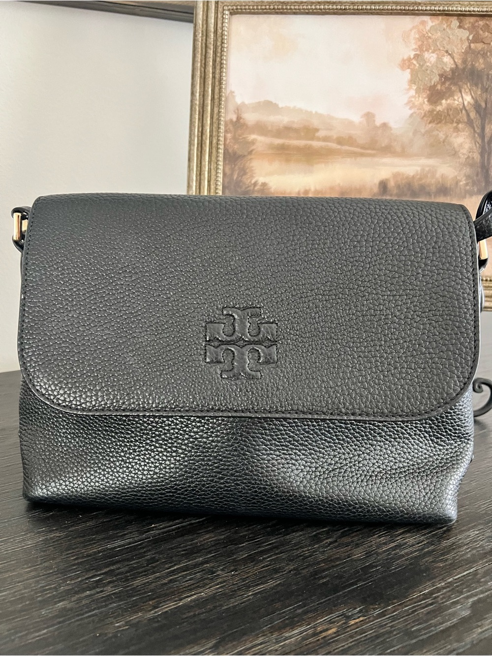 Tory Burch Black Pebbled Leather Messenger Crossbody